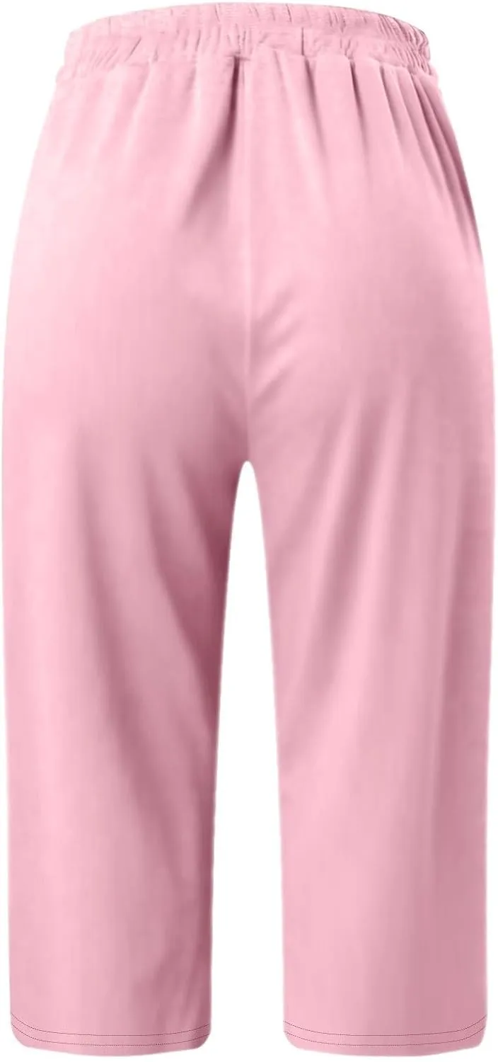 Capri Pants for Women Casual Summer Drawstring Shorts Elastic High Waist Casual Short Straight Leg Cropped Trouser