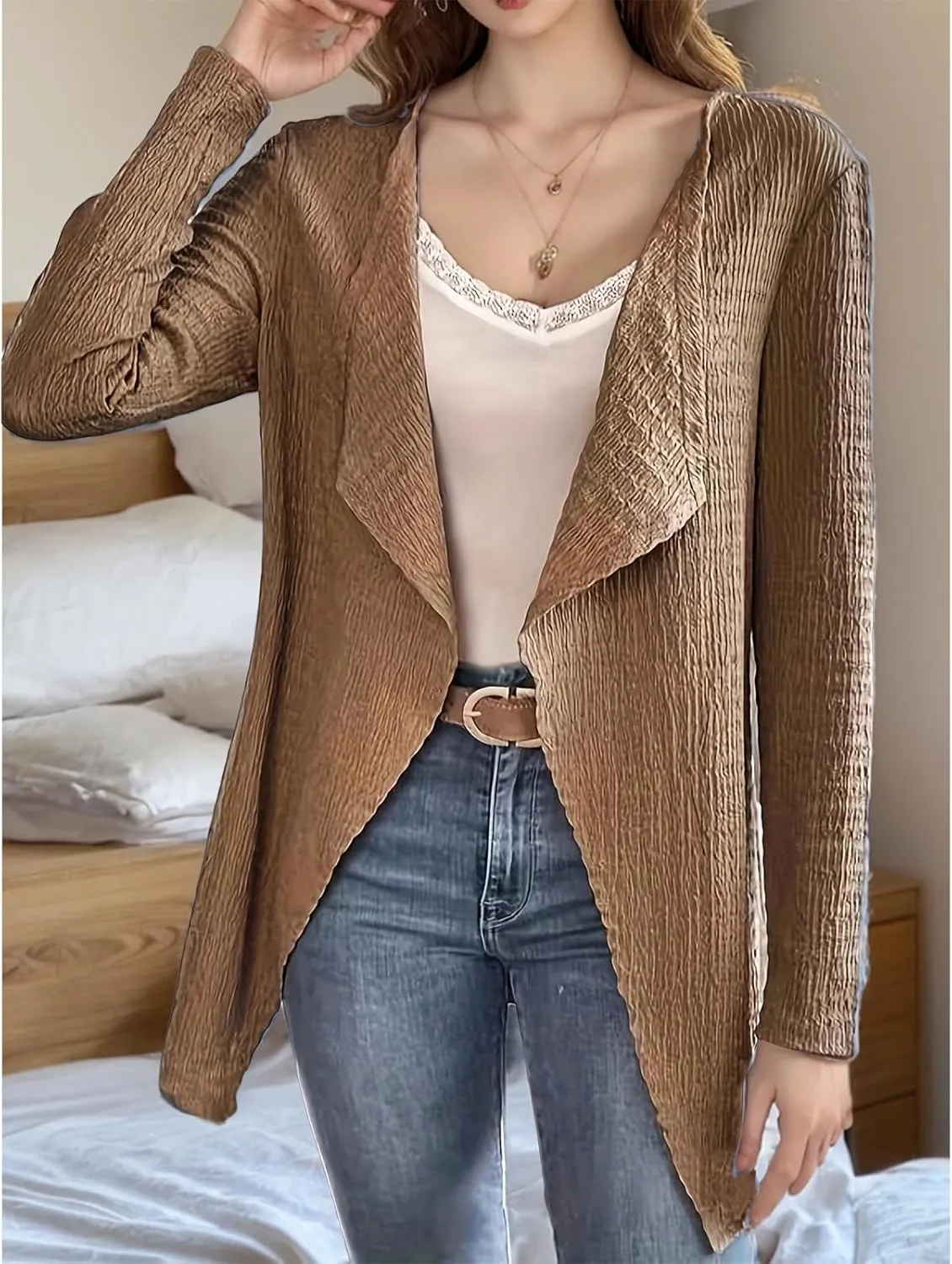 Cardigan for Women Open Front Lightweight Tops Casual Long Sleeve Outerwear Classic Pleated Textured Lapel Coat