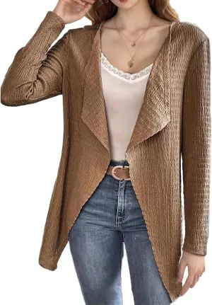 Cardigan for Women Open Front Lightweight Tops Casual Long Sleeve Outerwear Classic Pleated Textured Lapel Coat
