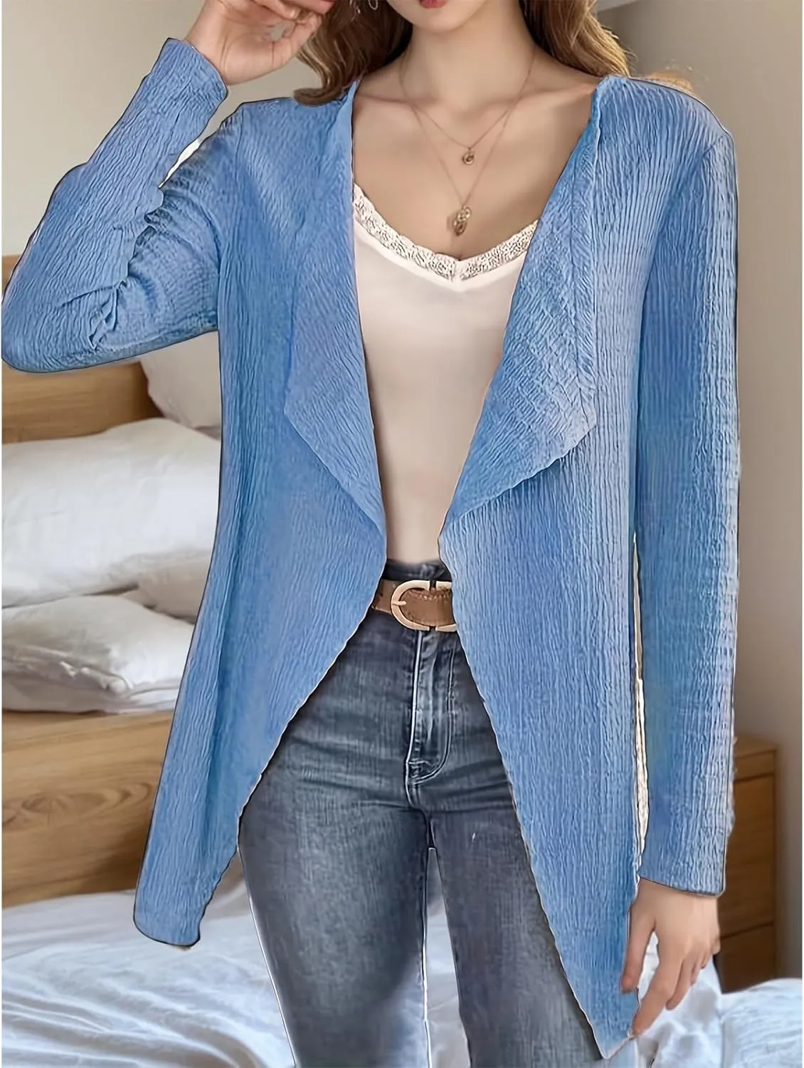 Cardigan for Women Open Front Lightweight Tops Casual Long Sleeve Outerwear Classic Pleated Textured Lapel Coat