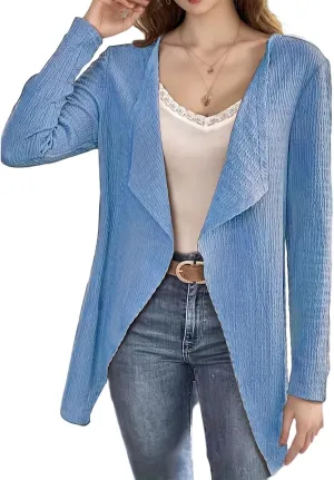 Cardigan for Women Open Front Lightweight Tops Casual Long Sleeve Outerwear Classic Pleated Textured Lapel Coat
