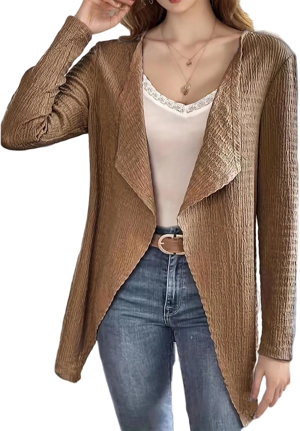 Cardigan for Women Open Front Lightweight Tops Casual Long Sleeve Outerwear Classic Pleated Textured Lapel Coat