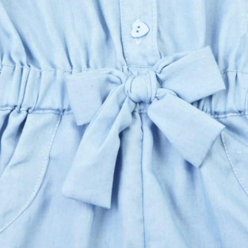Denim Blue Cotton Washed Sleeveless Bow Jumpsuits 6M-5yrs