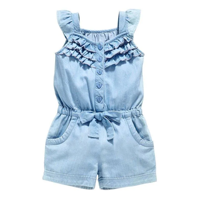 Denim Blue Cotton Washed Sleeveless Bow Jumpsuits 6M-5yrs