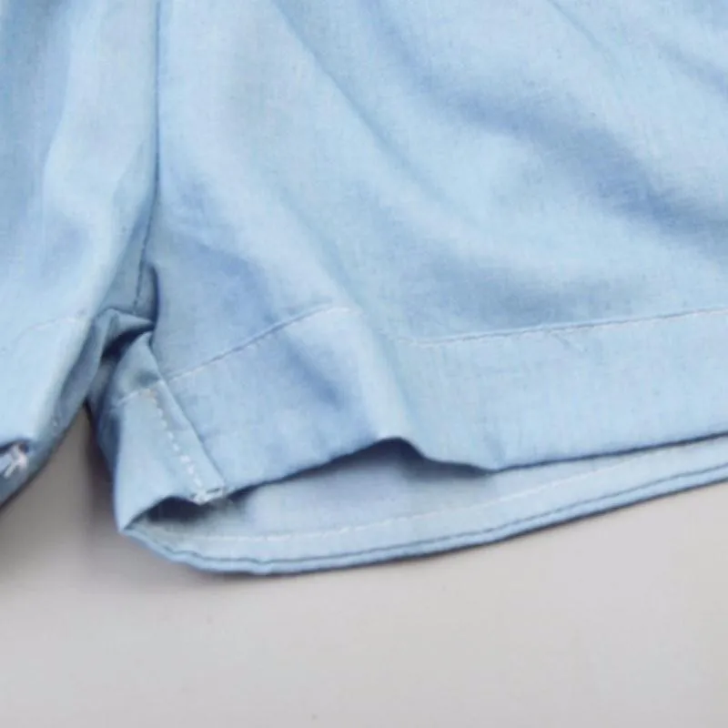 Denim Blue Cotton Washed Sleeveless Bow Jumpsuits 6M-5yrs