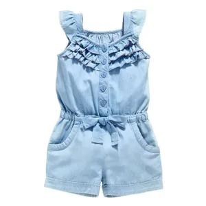 Denim Blue Cotton Washed Sleeveless Bow Jumpsuits 6M-5yrs