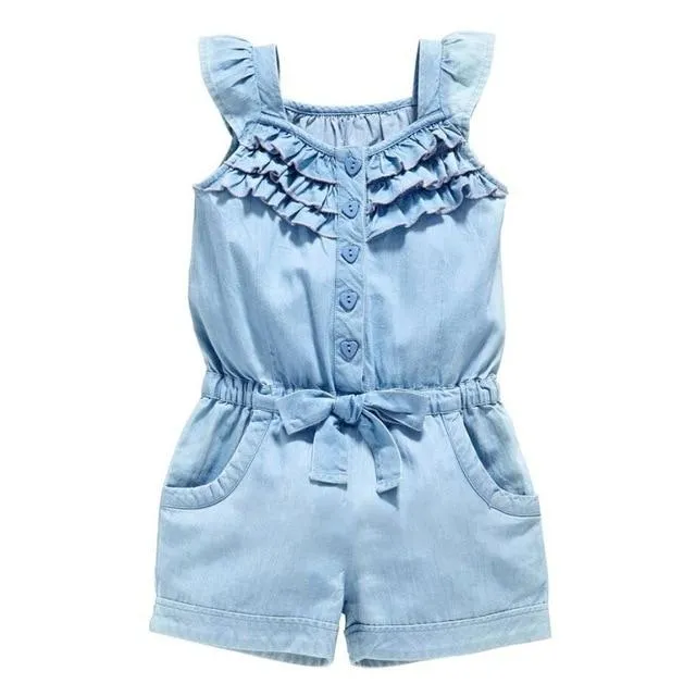 Denim Blue Cotton Washed Sleeveless Bow Jumpsuits 6M-5yrs