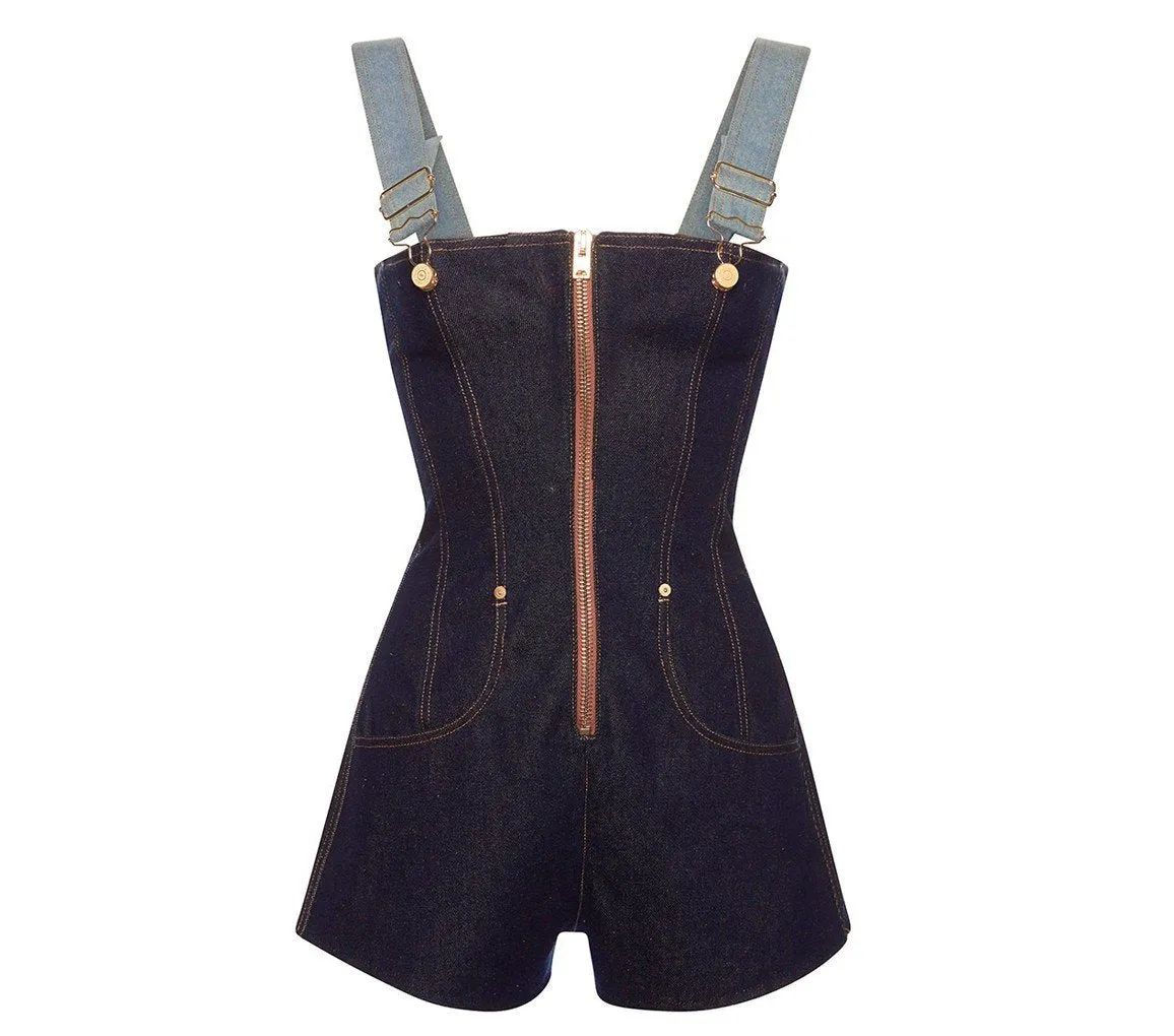 DENIM STRUCTURED MINI OVERALLS
