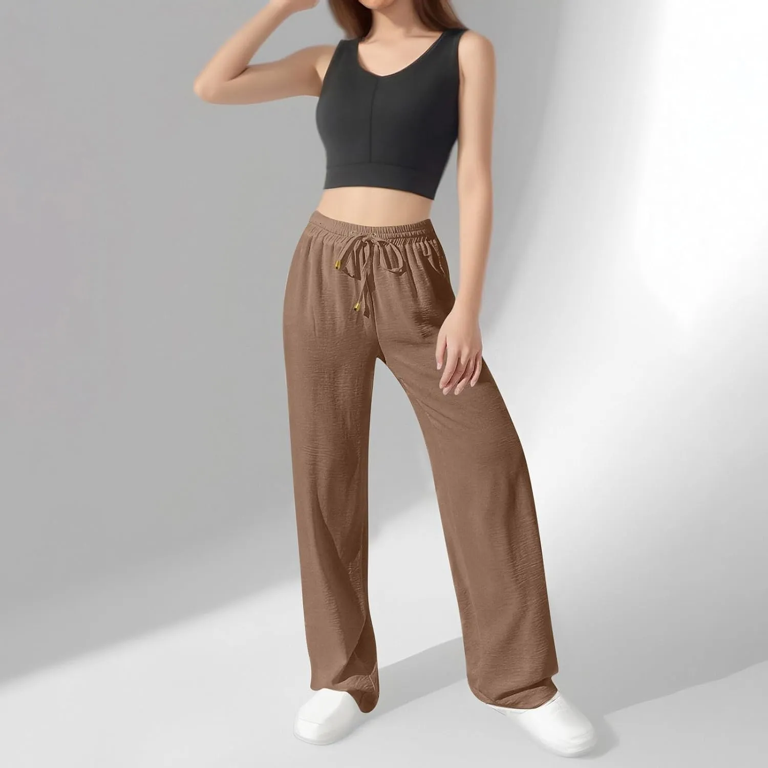 fanmpghleoo Linen Drawstring Pants Women High Waisted Wide Leg Linen Pants for Women Plus Size Business Casual Work Trousers
