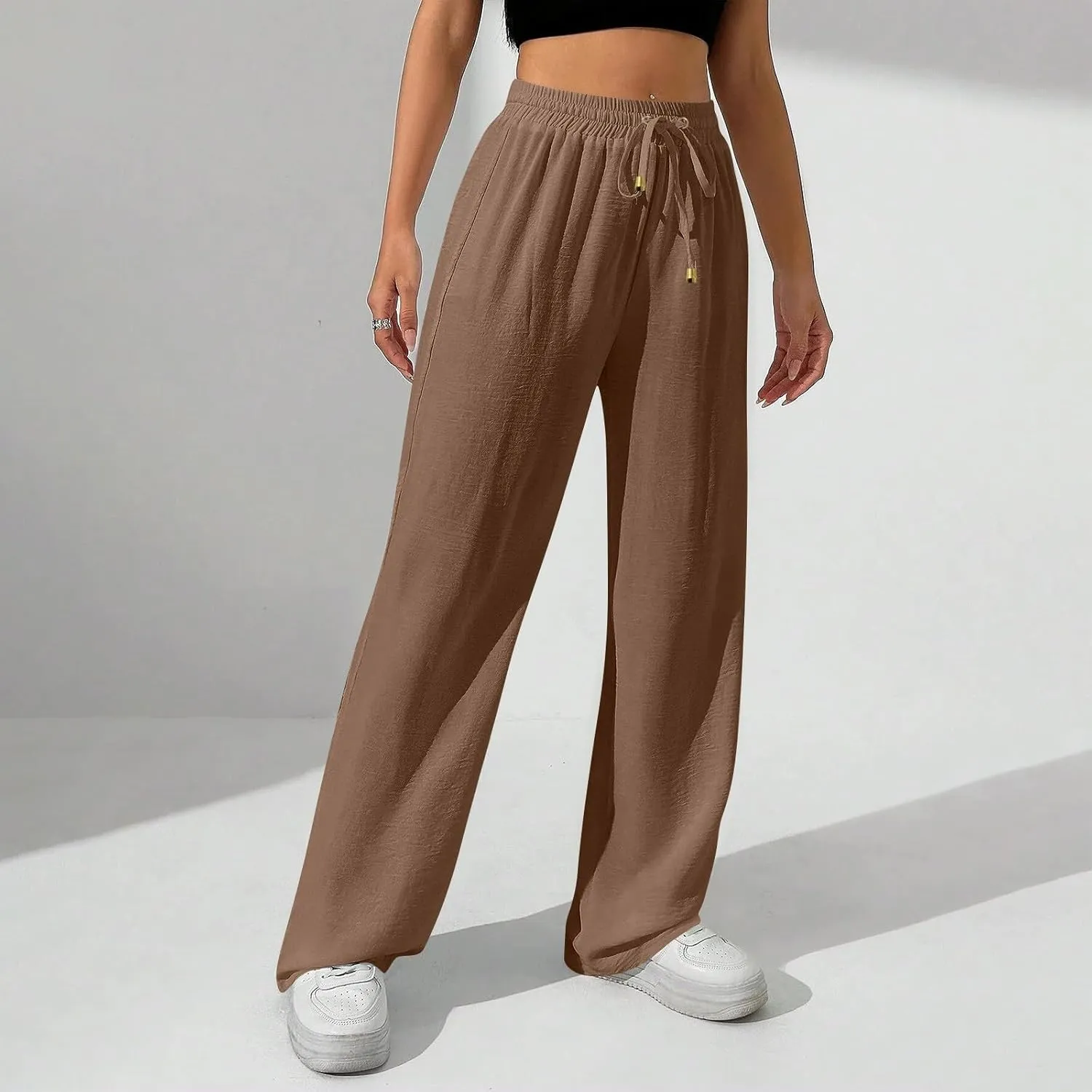 fanmpghleoo Linen Drawstring Pants Women High Waisted Wide Leg Linen Pants for Women Plus Size Business Casual Work Trousers