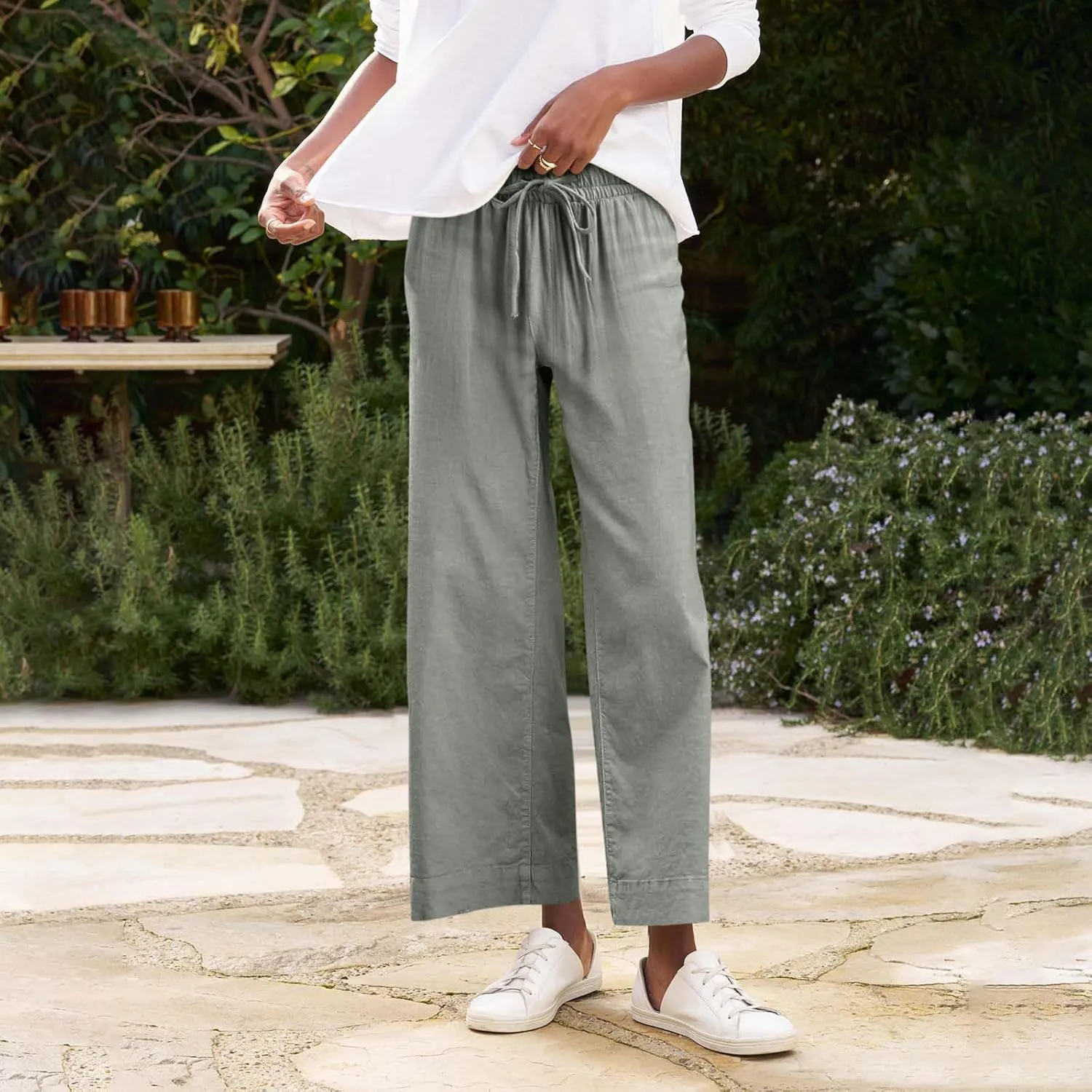fanmpghleoo Wide Leg Linen Pants for Women Cropped High Waisted Dress Pants Trendy Casual Linen Trousers Pants with Pockets