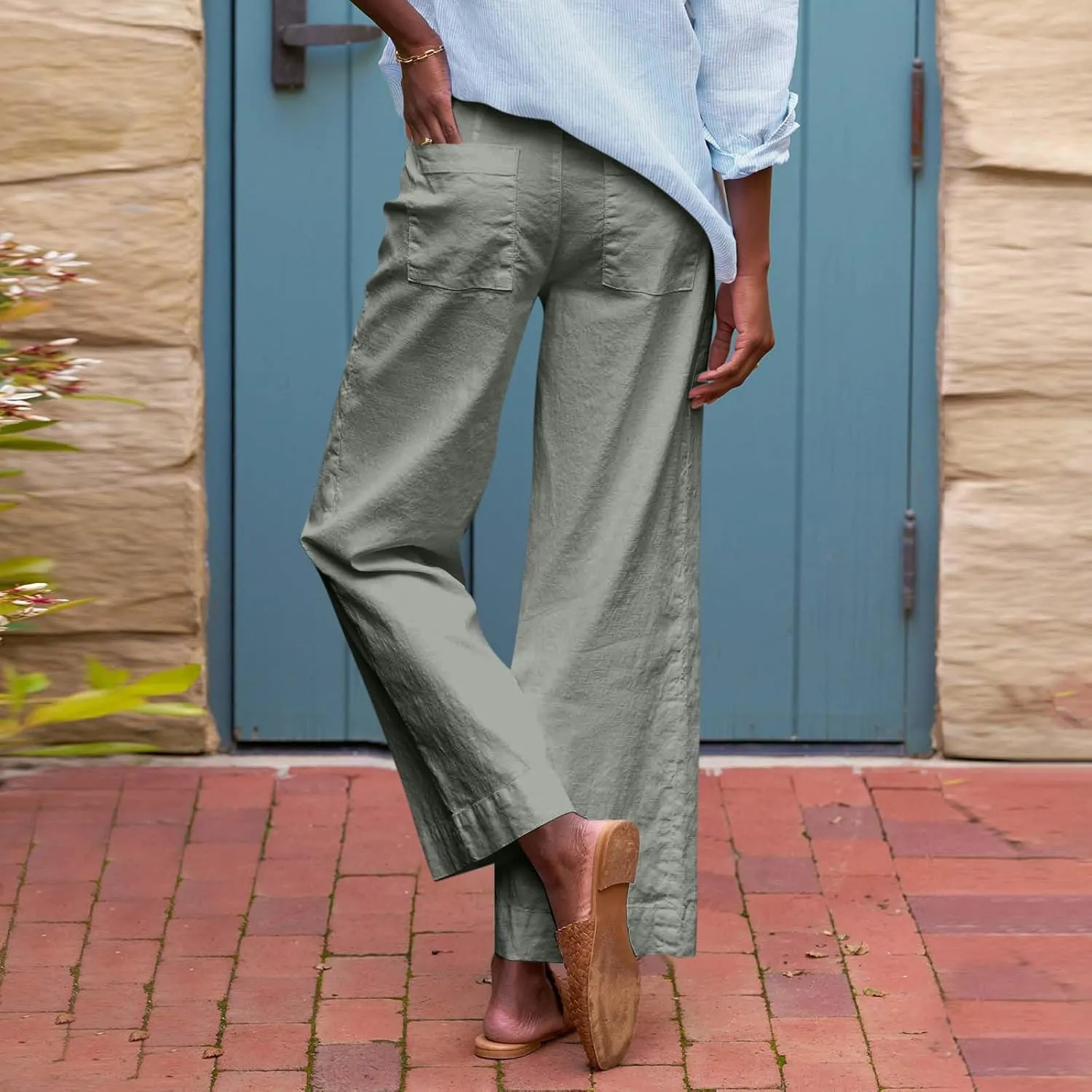fanmpghleoo Wide Leg Linen Pants for Women Cropped High Waisted Dress Pants Trendy Casual Linen Trousers Pants with Pockets