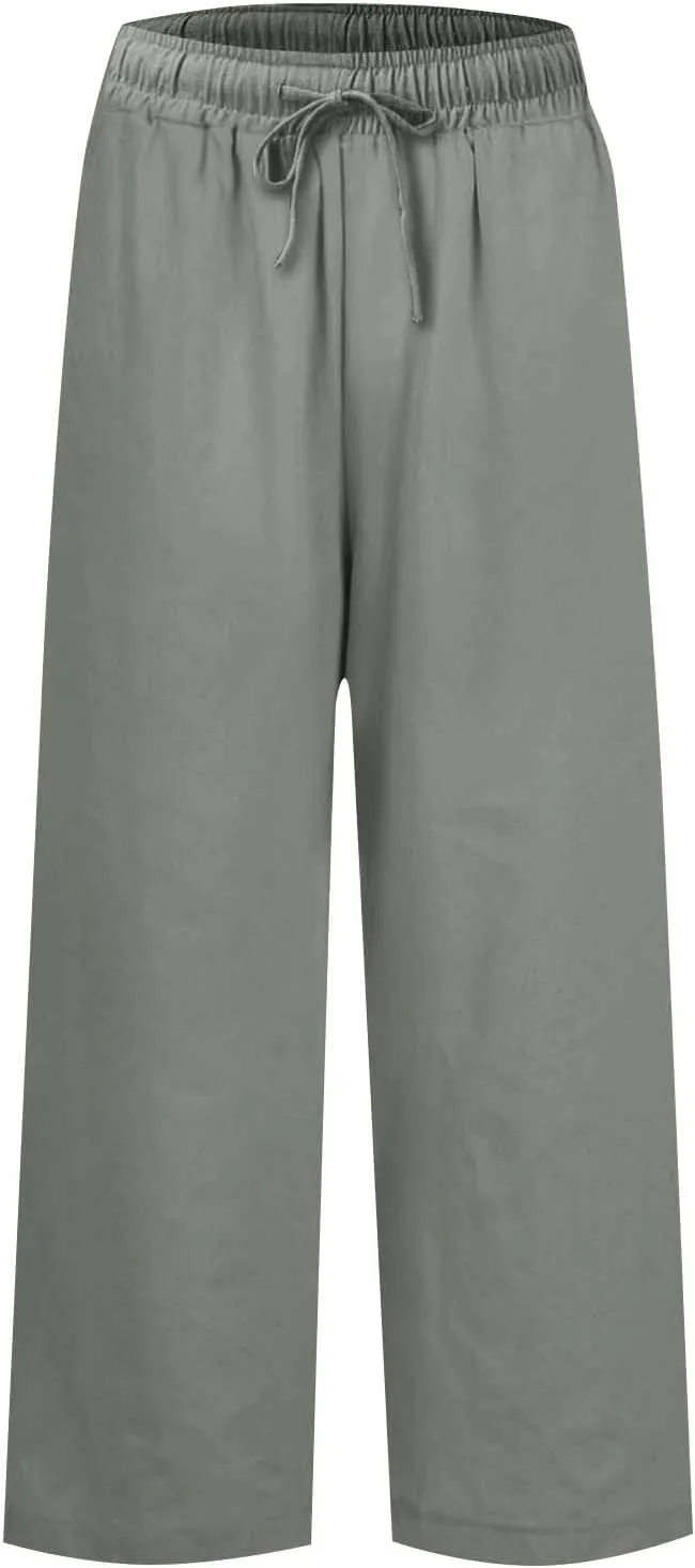 fanmpghleoo Wide Leg Linen Pants for Women Cropped High Waisted Dress Pants Trendy Casual Linen Trousers Pants with Pockets