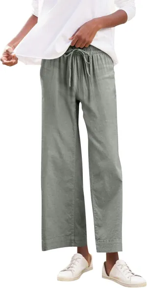 fanmpghleoo Wide Leg Linen Pants for Women Cropped High Waisted Dress Pants Trendy Casual Linen Trousers Pants with Pockets