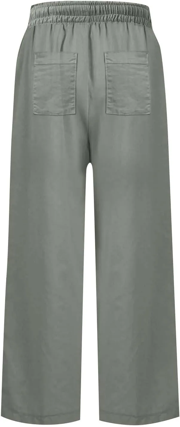 fanmpghleoo Wide Leg Linen Pants for Women Cropped High Waisted Dress Pants Trendy Casual Linen Trousers Pants with Pockets