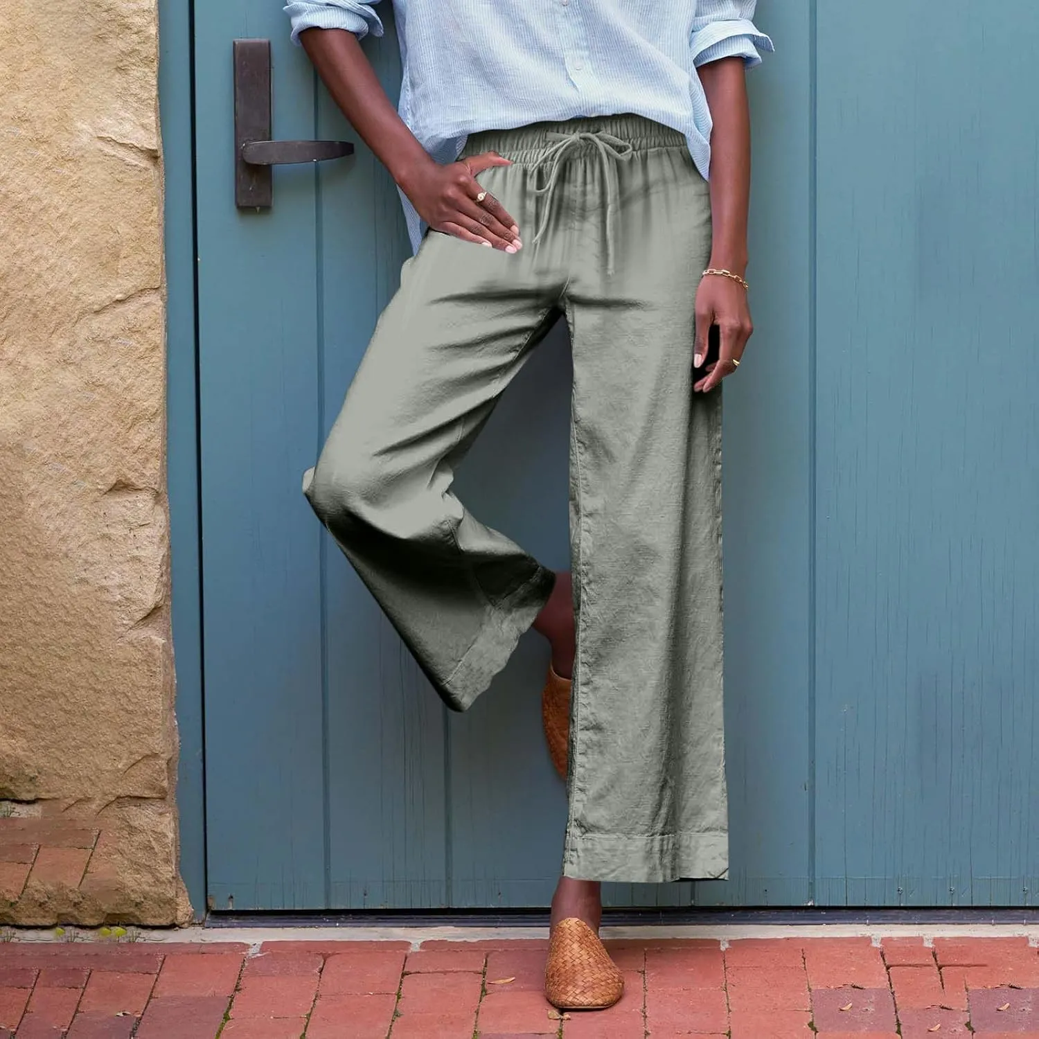 fanmpghleoo Wide Leg Linen Pants for Women Cropped High Waisted Dress Pants Trendy Casual Linen Trousers Pants with Pockets