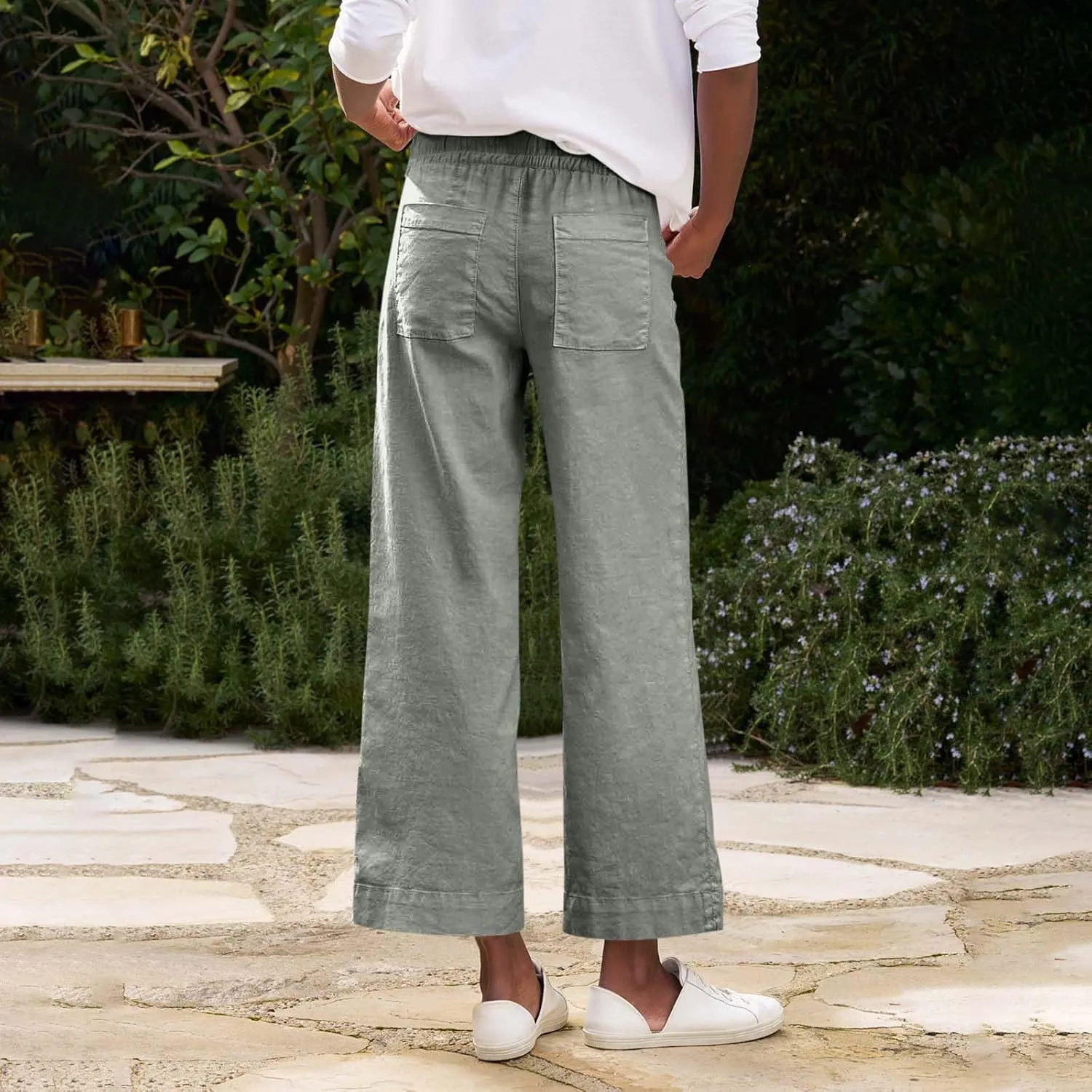 fanmpghleoo Wide Leg Linen Pants for Women Cropped High Waisted Dress Pants Trendy Casual Linen Trousers Pants with Pockets