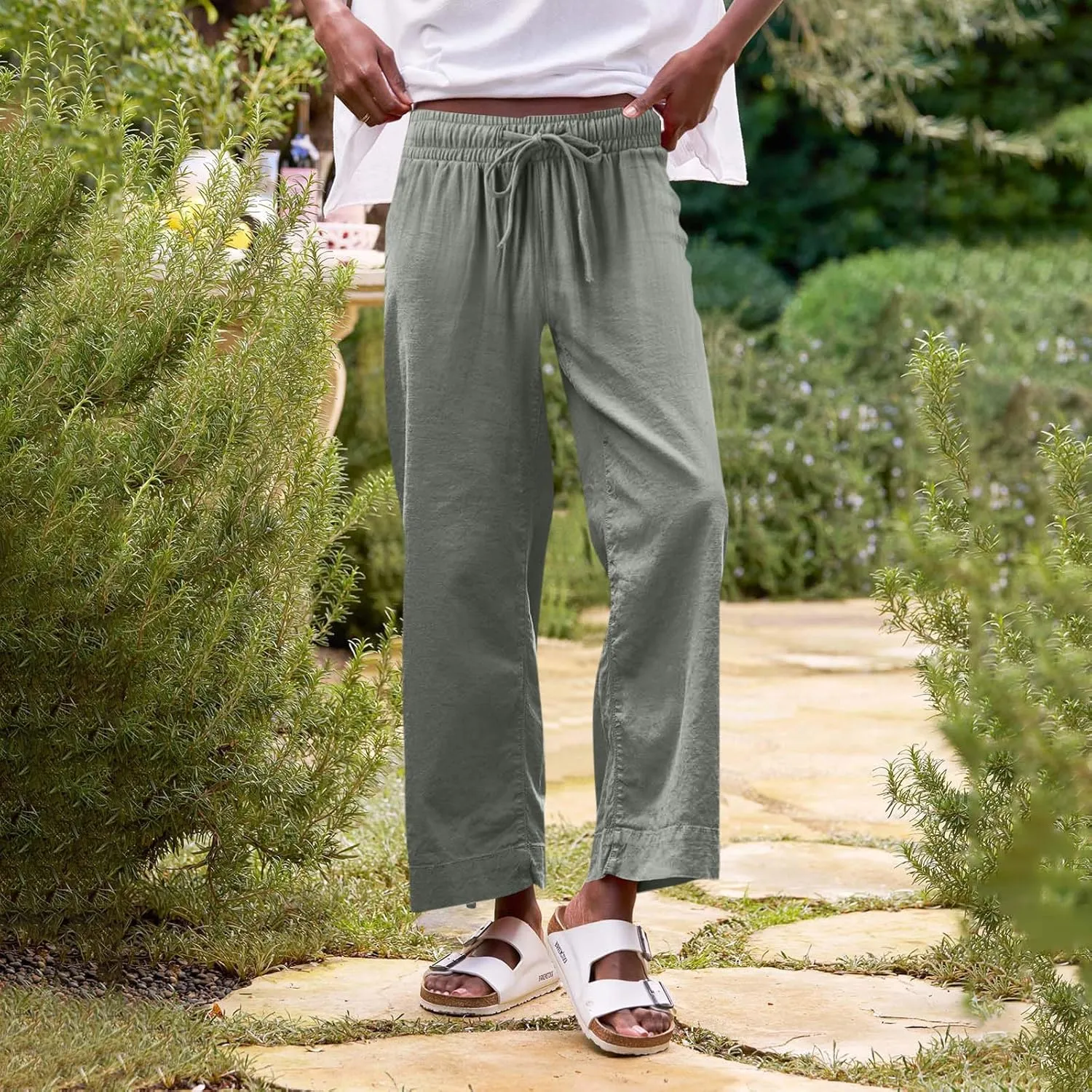 fanmpghleoo Wide Leg Linen Pants for Women Cropped High Waisted Dress Pants Trendy Casual Linen Trousers Pants with Pockets