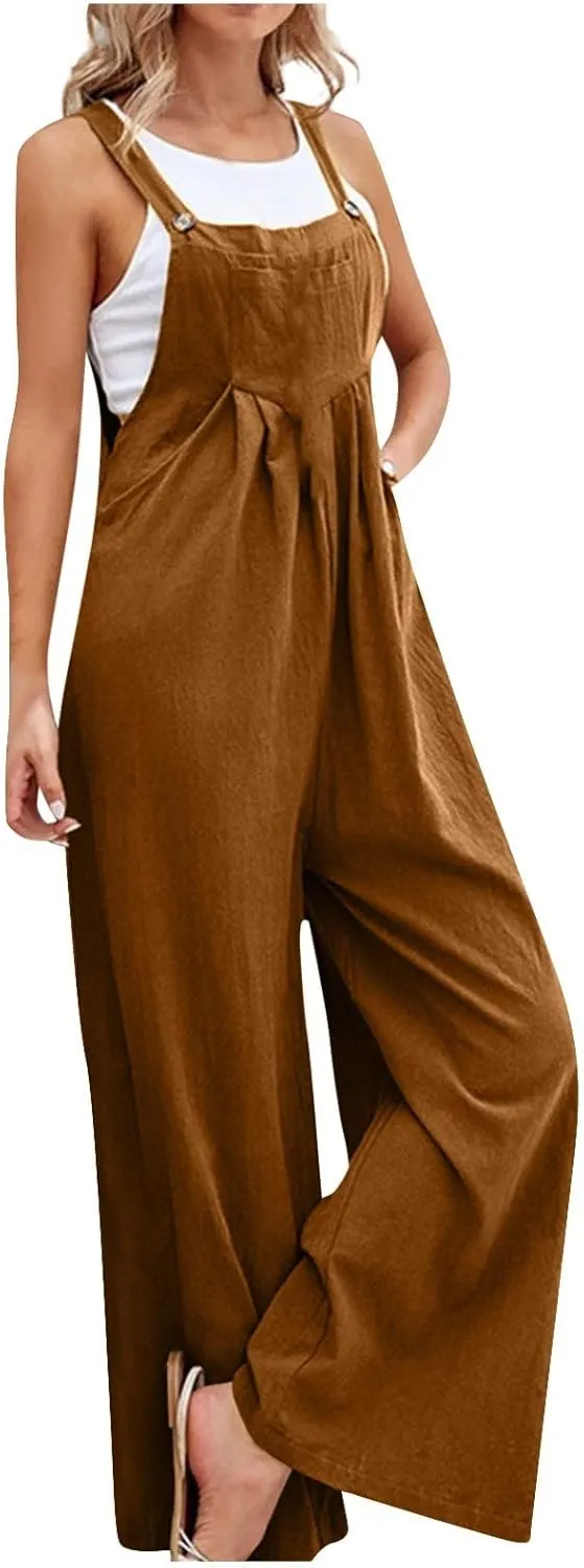 Linen Jumpsuits for Women Loose Fit Denim Overalls with Front Pocket Baggy Wide Leg Pleated Long Pants Rompers
