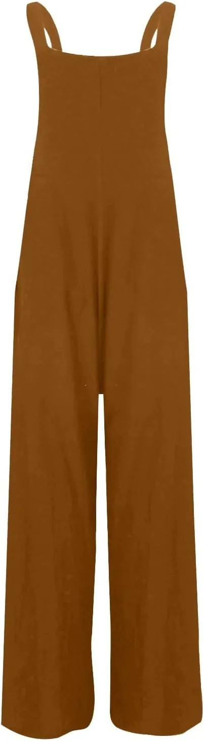 Linen Jumpsuits for Women Loose Fit Denim Overalls with Front Pocket Baggy Wide Leg Pleated Long Pants Rompers