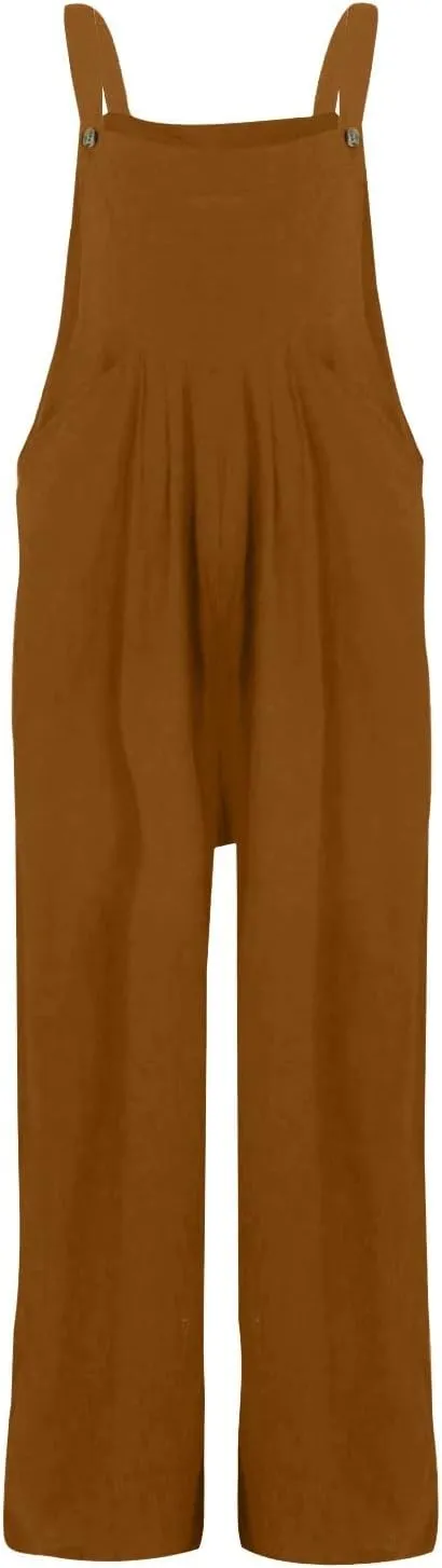 Linen Jumpsuits for Women Loose Fit Denim Overalls with Front Pocket Baggy Wide Leg Pleated Long Pants Rompers