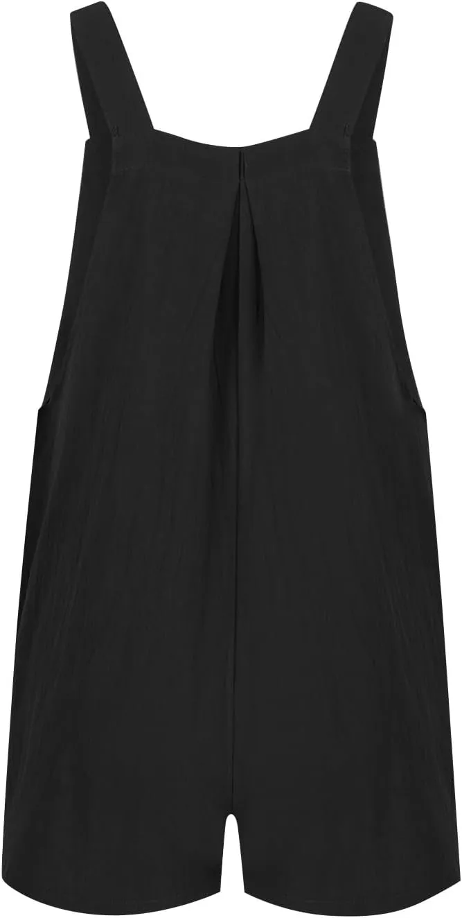 Linen Overalls for Women Loose Fit Sleeveless Adjustable Straps Bib Short Jumpsuits with Pockets Wide Leg Flowy Rompers