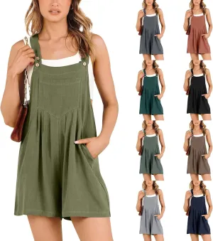 Linen Overalls for Women Loose Fit Sleeveless Adjustable Straps Bib Short Jumpsuits with Pockets Wide Leg Flowy Rompers