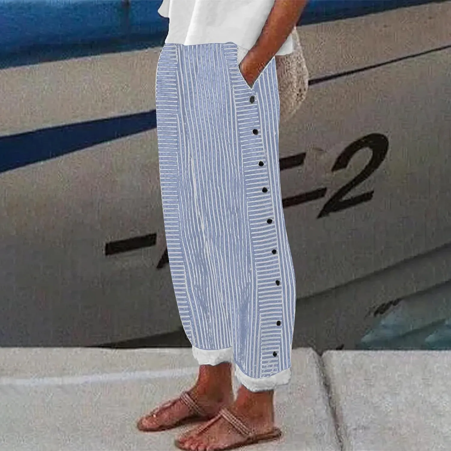Linen Pants for Women 2025 Plus Size Trendy Striped Spring Summer Gauze Pants Casual Elastic Waist Comfy Trousers