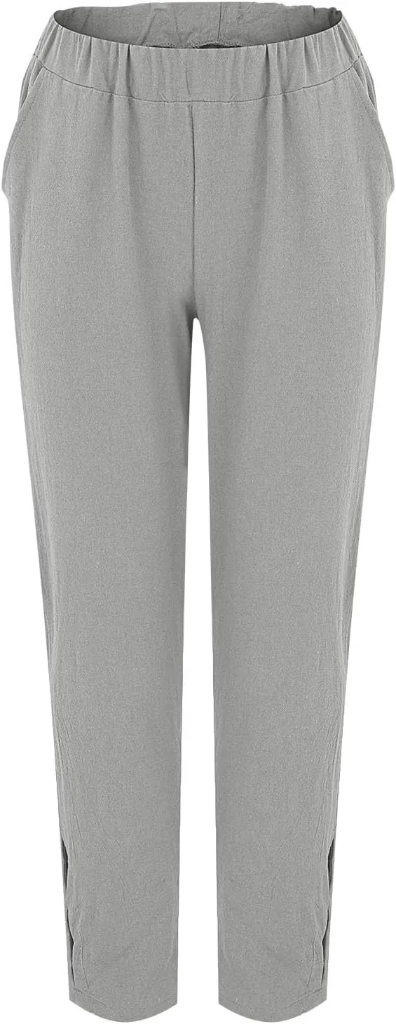 Linen Pants Women Side Cutout Elastic High Waisted Straight Leg Pants Relaxed Fit Beach Trousers with Pockets