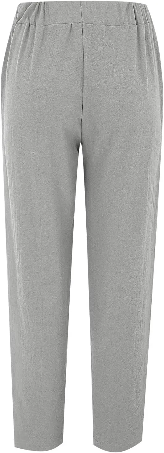 Linen Pants Women Side Cutout Elastic High Waisted Straight Leg Pants Relaxed Fit Beach Trousers with Pockets