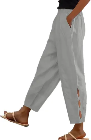 Linen Pants Women Side Cutout Elastic High Waisted Straight Leg Pants Relaxed Fit Beach Trousers with Pockets