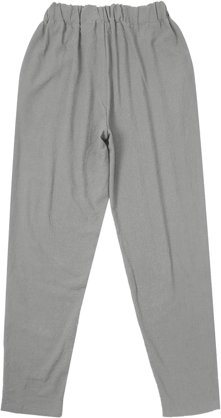 Linen Pants Women Side Cutout Elastic High Waisted Straight Leg Pants Relaxed Fit Beach Trousers with Pockets