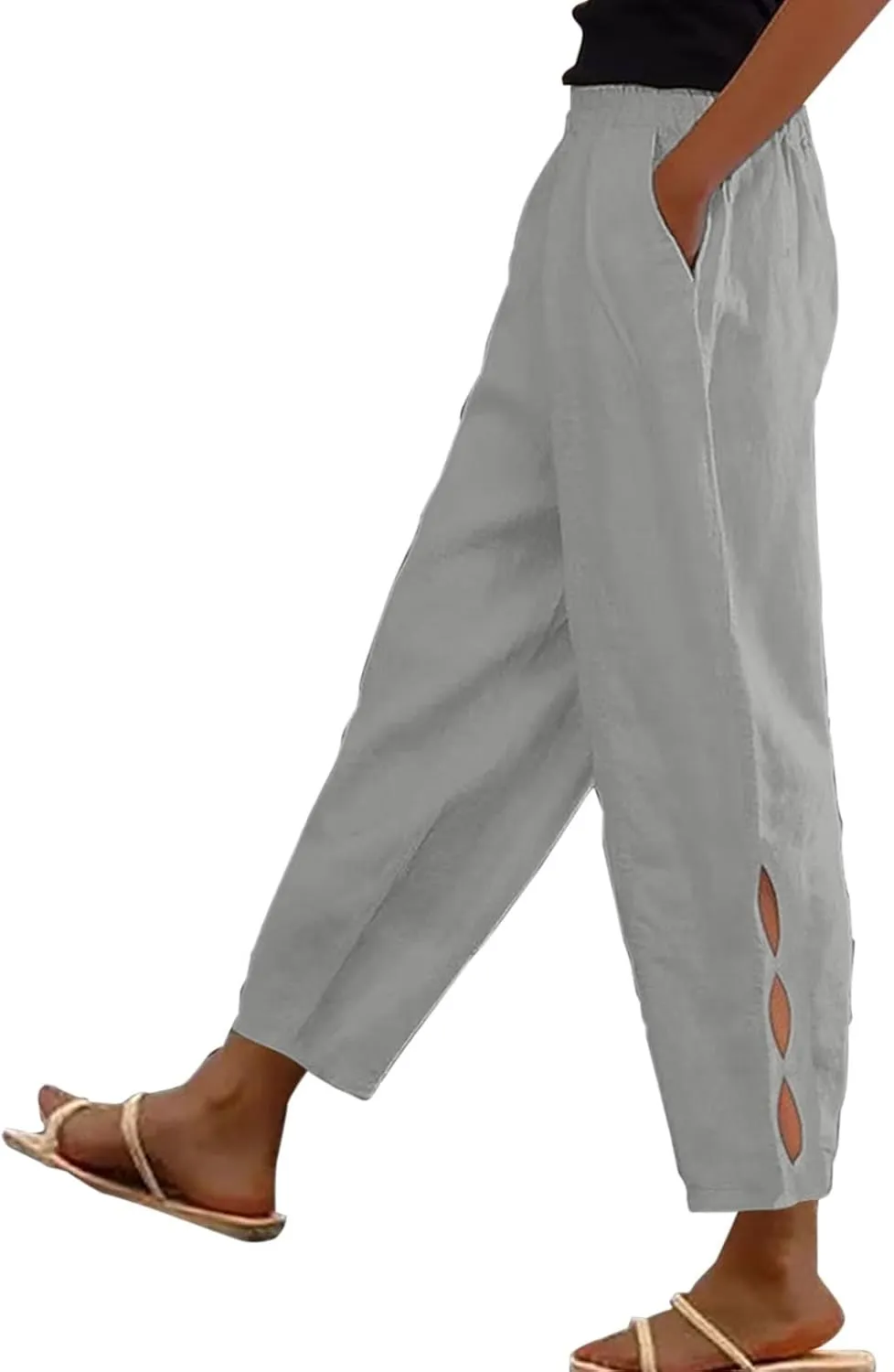 Linen Pants Women Side Cutout Elastic High Waisted Straight Leg Pants Relaxed Fit Beach Trousers with Pockets