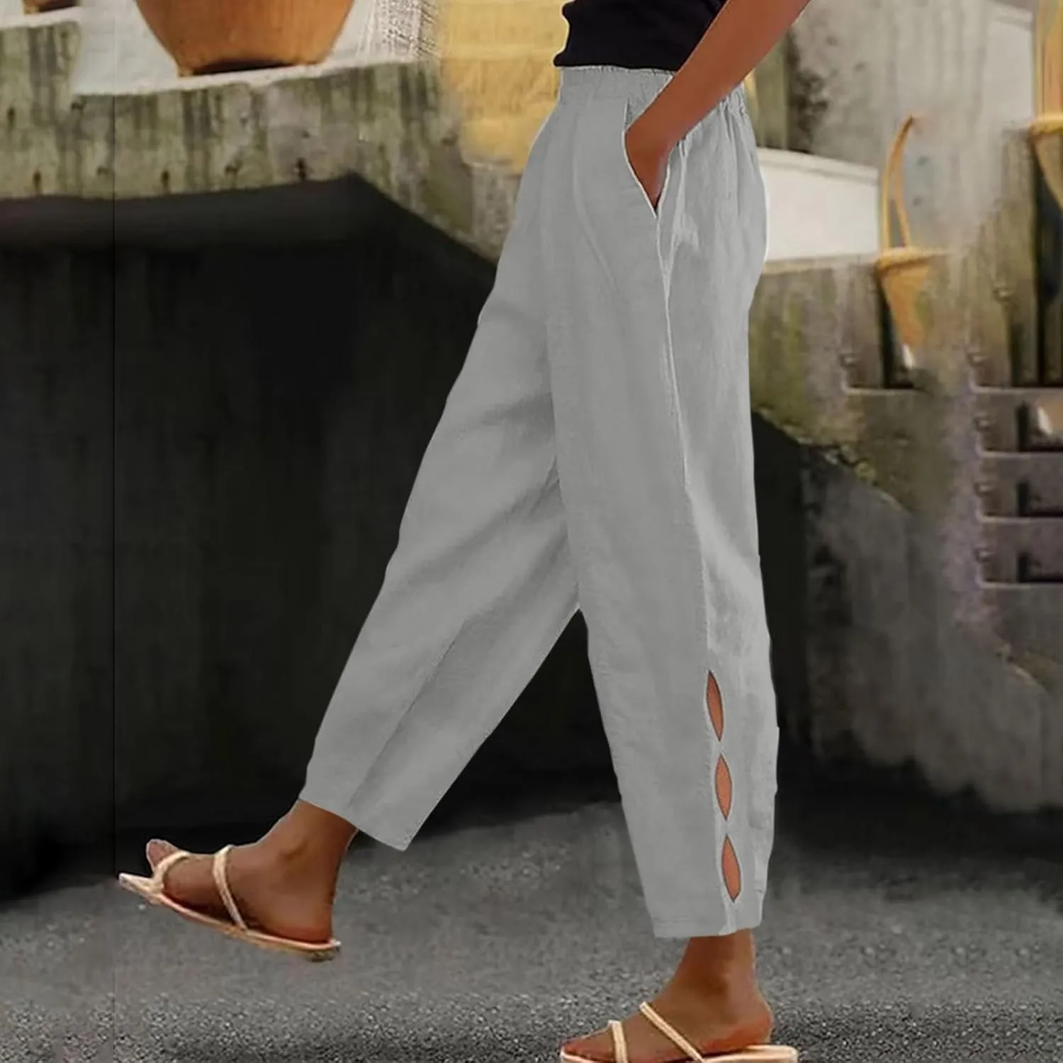 Linen Pants Women Side Cutout Elastic High Waisted Straight Leg Pants Relaxed Fit Beach Trousers with Pockets