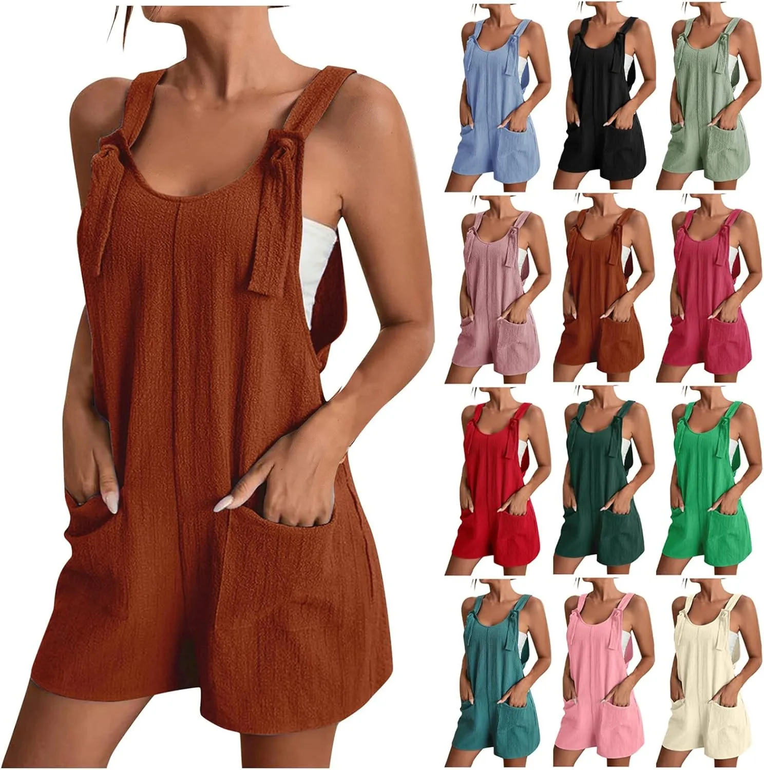 Linen Rompers for Women Overall Shorts with Pockets Shortalls Plus Size Adjustable Straps Short Jumpsuits Overalls