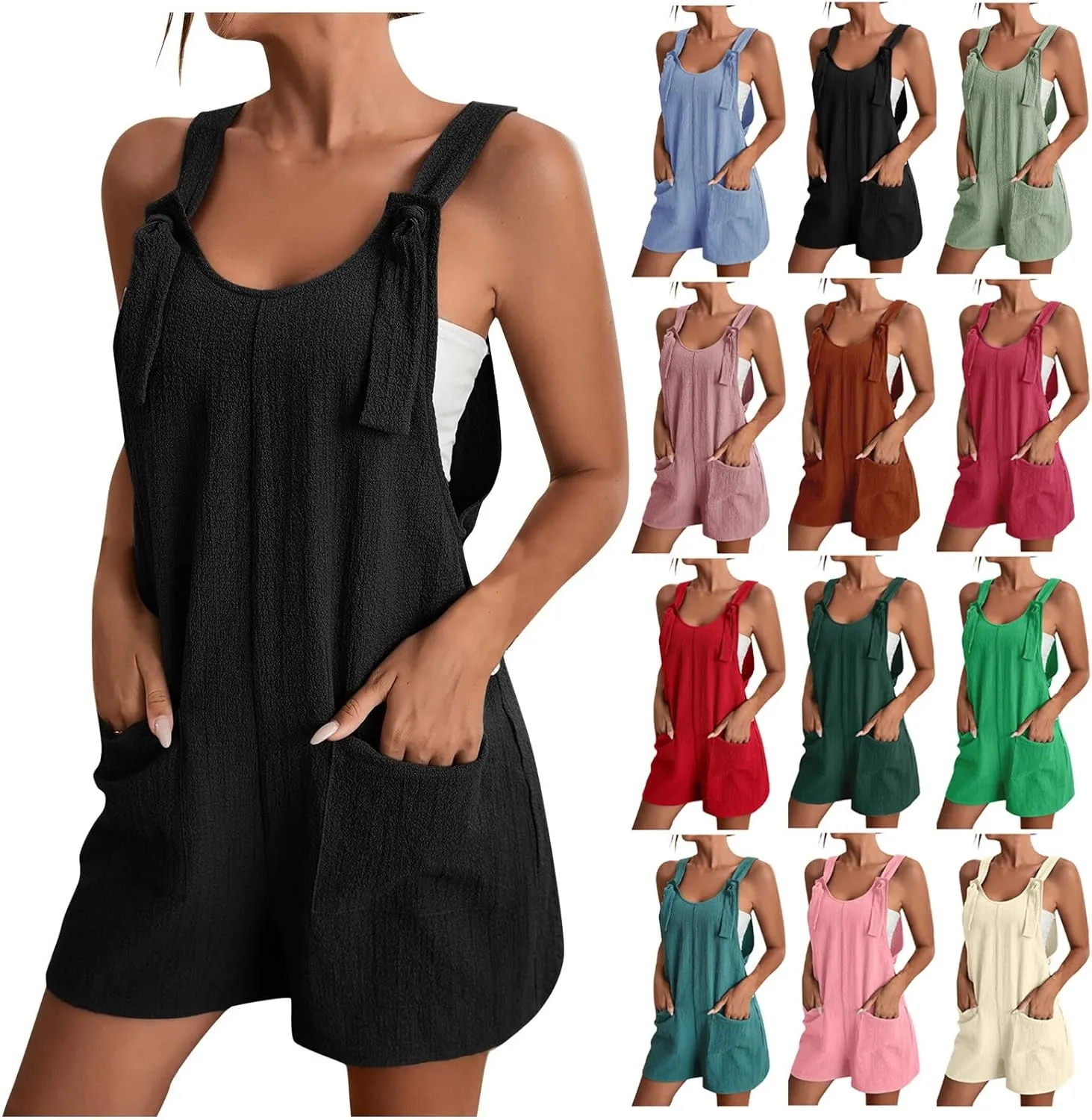 Linen Rompers for Women Overall Shorts with Pockets Shortalls Plus Size Adjustable Straps Short Jumpsuits Overalls