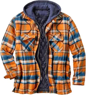 Mens Quilted Lined Flannel Hooded Shirt Jacket Winter Soft Warm Long Sleeve Zip Up Jackets Outdoor Plaid Velvet Coats