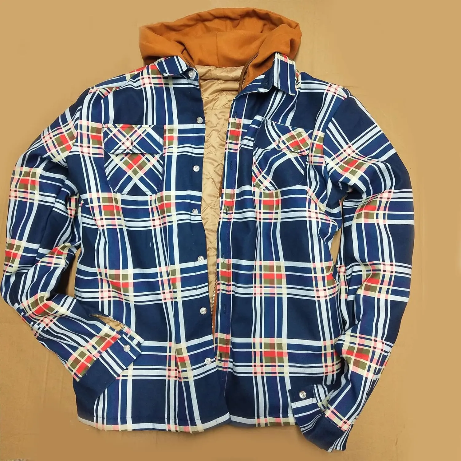 Mens Quilted Lined Flannel Hooded Shirt Jacket Winter Soft Warm Long Sleeve Zip Up Jackets Outdoor Plaid Velvet Coats