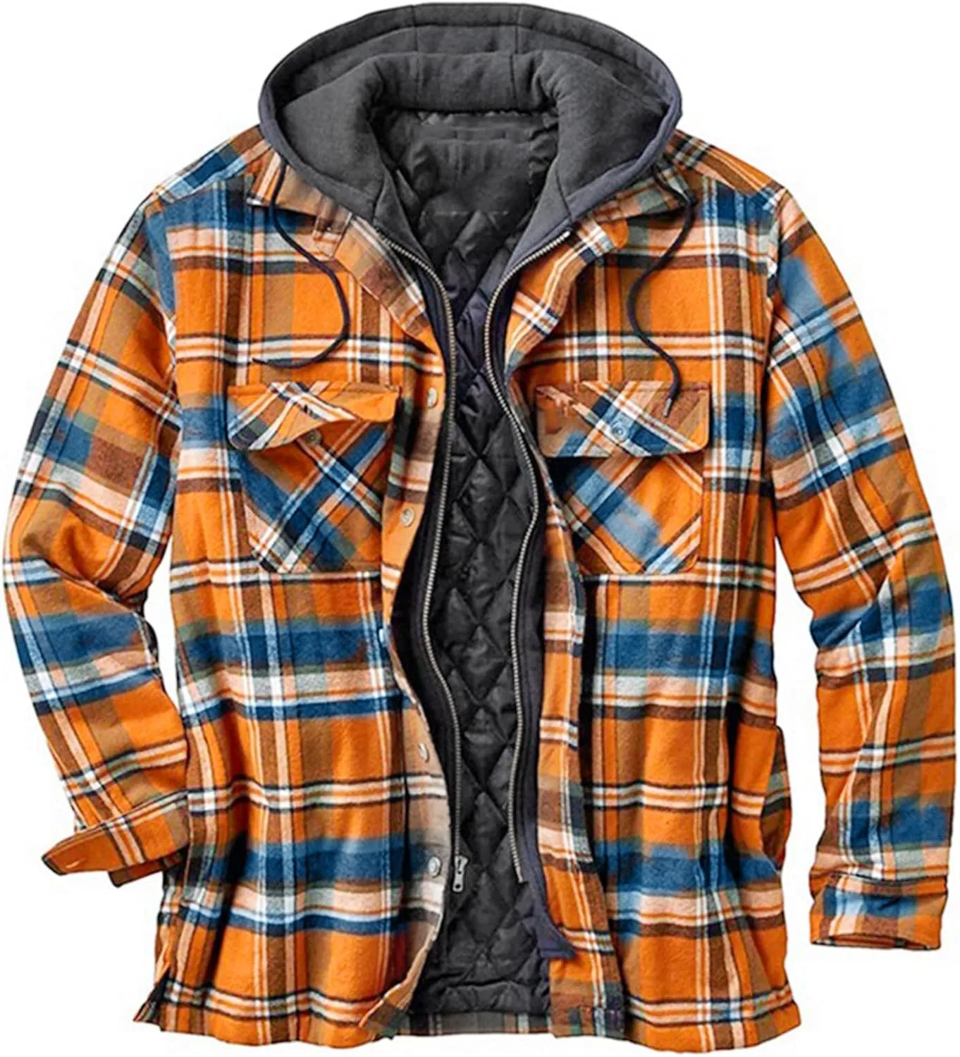 Mens Quilted Lined Flannel Hooded Shirt Jacket Winter Soft Warm Long Sleeve Zip Up Jackets Outdoor Plaid Velvet Coats