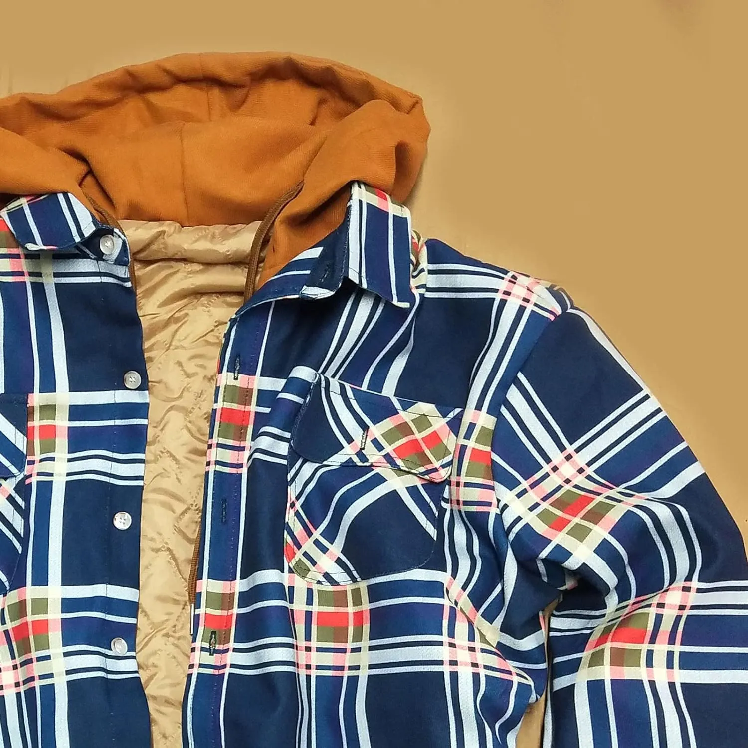 Mens Quilted Lined Flannel Hooded Shirt Jacket Winter Soft Warm Long Sleeve Zip Up Jackets Outdoor Plaid Velvet Coats