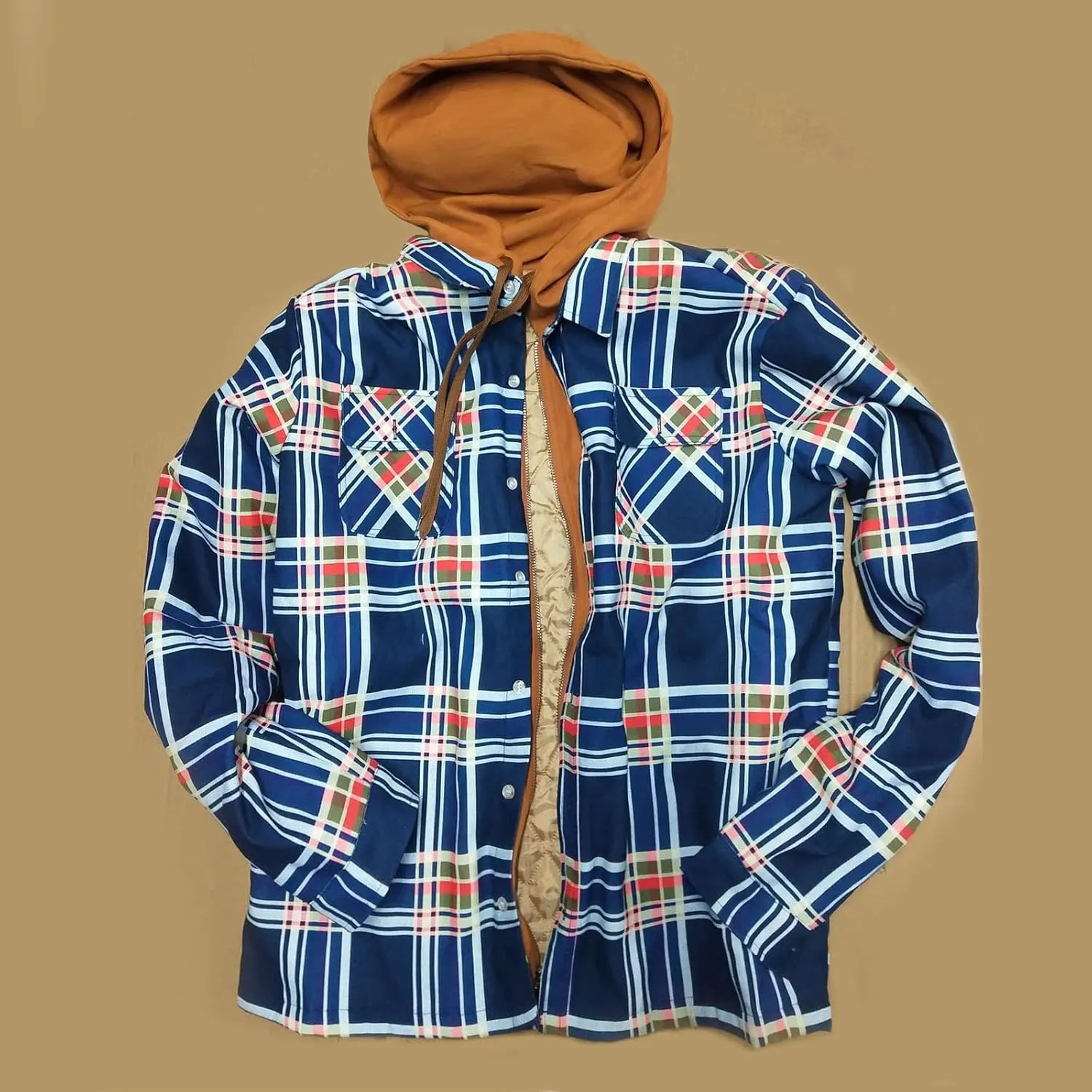 Mens Quilted Lined Flannel Hooded Shirt Jacket Winter Soft Warm Long Sleeve Zip Up Jackets Outdoor Plaid Velvet Coats