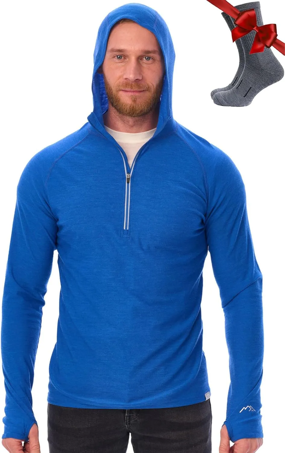 Merino.tech 100% Merino Wool Hoodie Men - Slim Fit Merino Wool Base Layer Mens Half Zip Thermal Long Sleeve Shirt and Socks