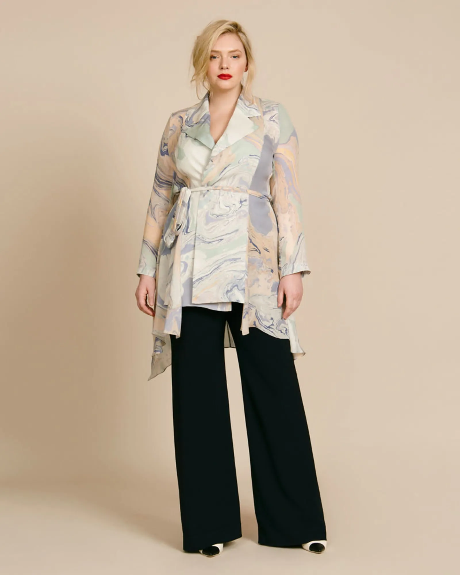 Mid-length Soft Trench with Uneven Hem | Water Marble