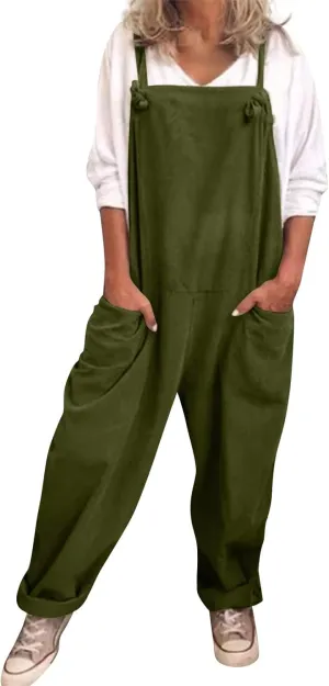 Overalls for Women Linen Plus Size Casual Sleeveless Jumpsuits Loose Fit Adjustable Straps Rompers Bib Overall