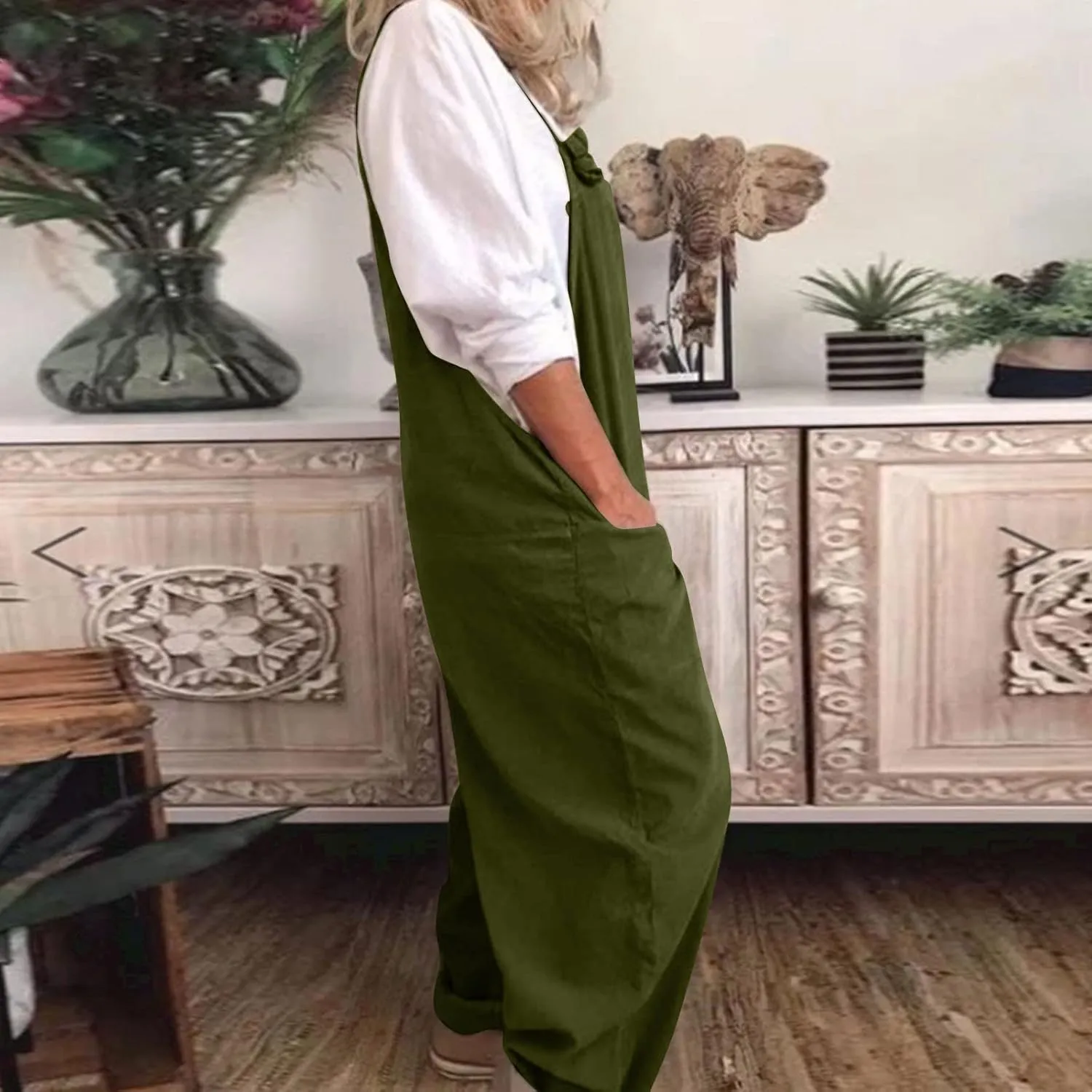 Overalls for Women Linen Plus Size Casual Sleeveless Jumpsuits Loose Fit Adjustable Straps Rompers Bib Overall