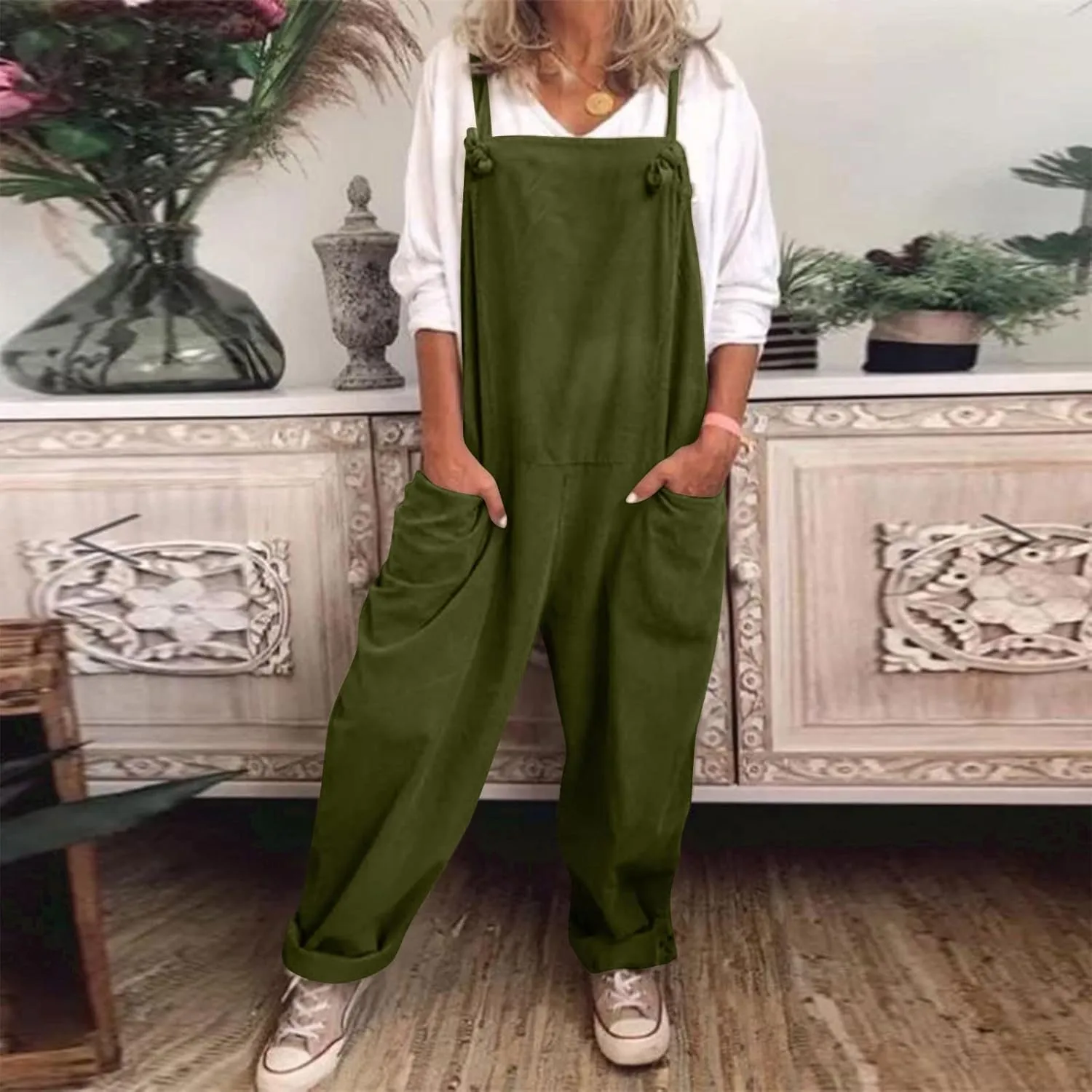 Overalls for Women Linen Plus Size Casual Sleeveless Jumpsuits Loose Fit Adjustable Straps Rompers Bib Overall