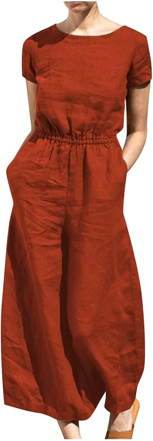 Plus Size Jumpsuits For Women Summer Baggy Plus Size Cotton Linen One Piece Outfits Wide Leg Pockets Pants Romper