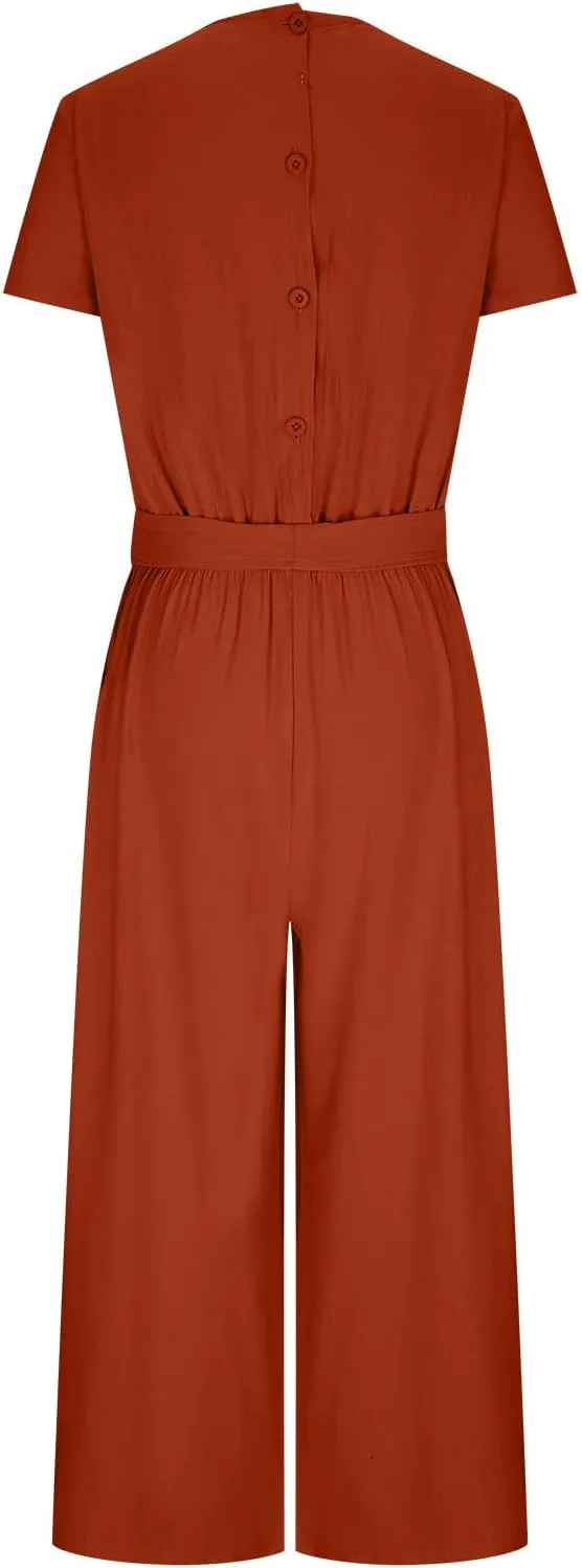 Plus Size Jumpsuits For Women Summer Baggy Plus Size Cotton Linen One Piece Outfits Wide Leg Pockets Pants Romper