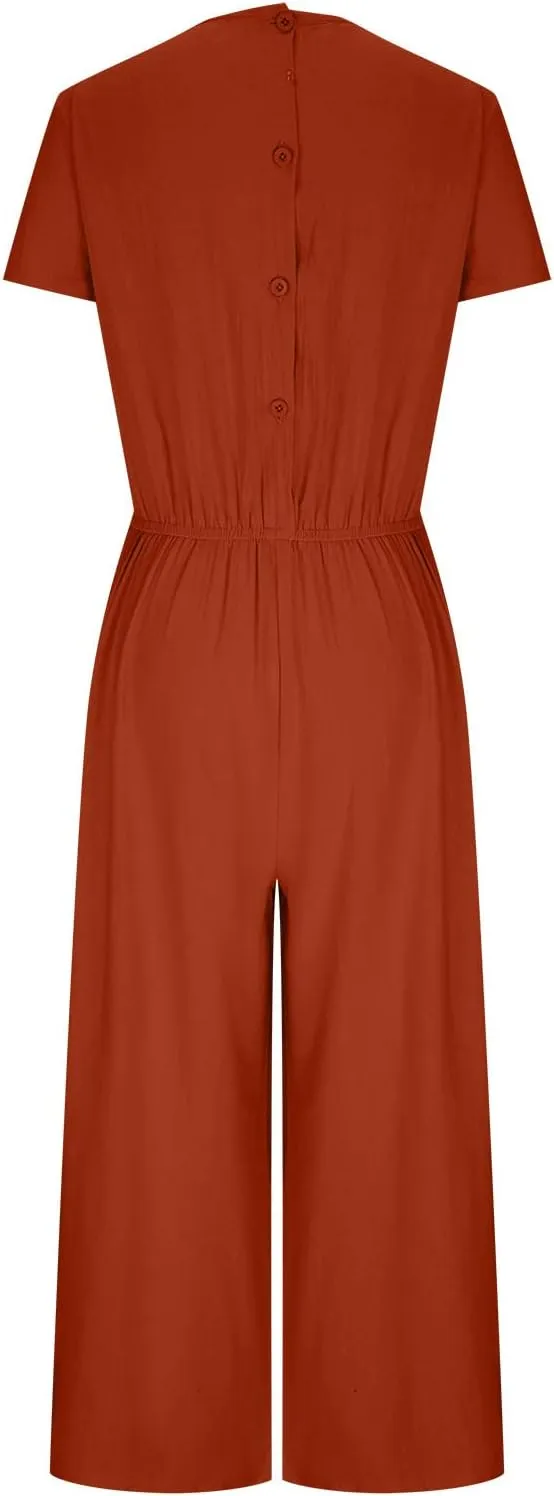 Plus Size Jumpsuits For Women Summer Baggy Plus Size Cotton Linen One Piece Outfits Wide Leg Pockets Pants Romper