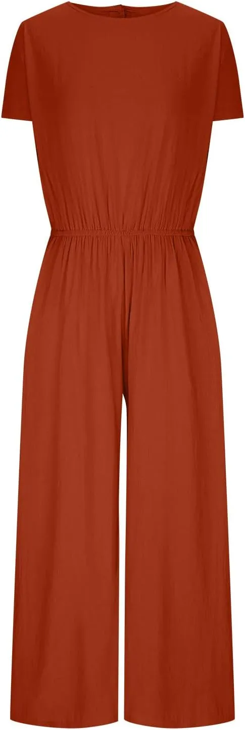 Plus Size Jumpsuits For Women Summer Baggy Plus Size Cotton Linen One Piece Outfits Wide Leg Pockets Pants Romper